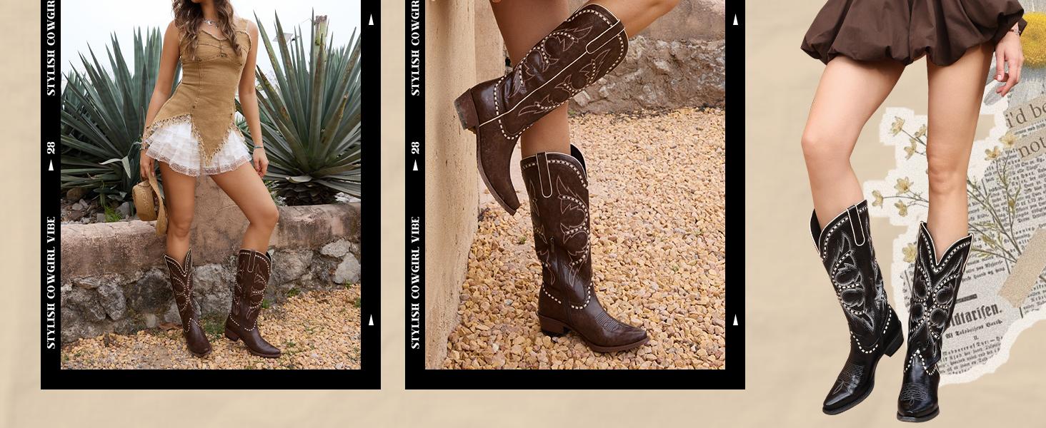 CONCHITATY Women’s Leather Western Cowboy Boots - Cowboy Style, Mid Calf, Wide Calf, Square Toe, Chunky Low Heel, Woven Design, Rubber Sole - Footwear for Women’s Western Wear, Party Shoe