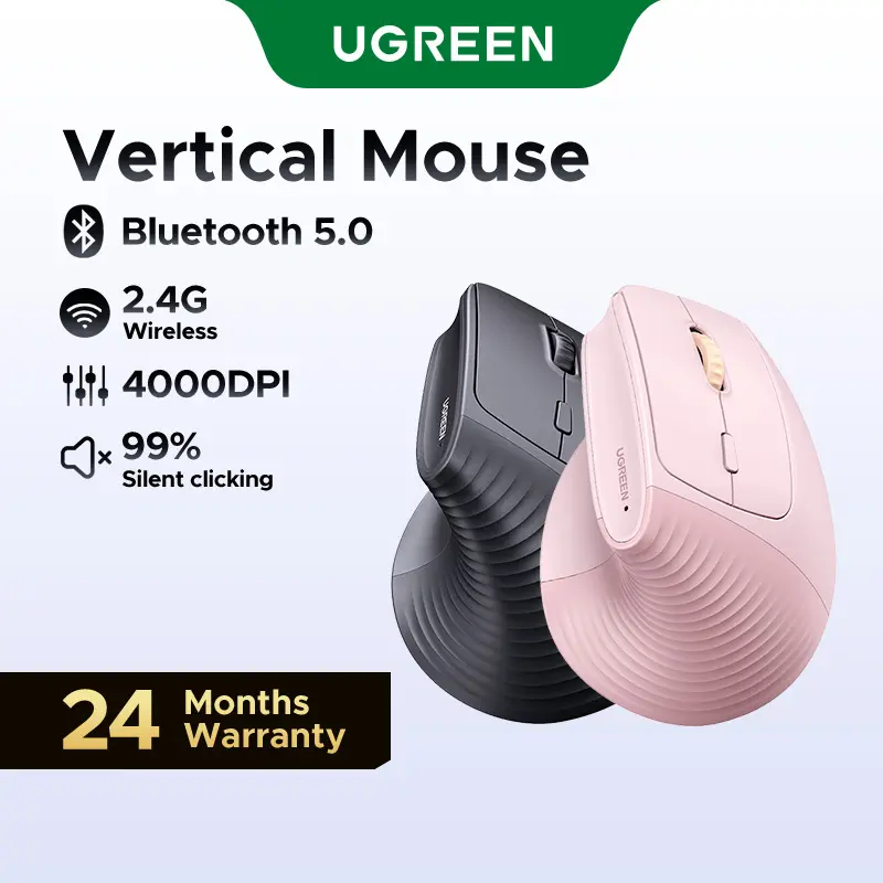 UGREEN Vertical Mouse Bluetooth 5.0 & 2.4G Wireless Ergonomic Mouse with 5 Buttons, 4000 DPI, Balck & Pink Ergonomic Mouse Compatible with PC/Laptop，Only 2.4G Model(Bluetooth not supported),Summer Sale
