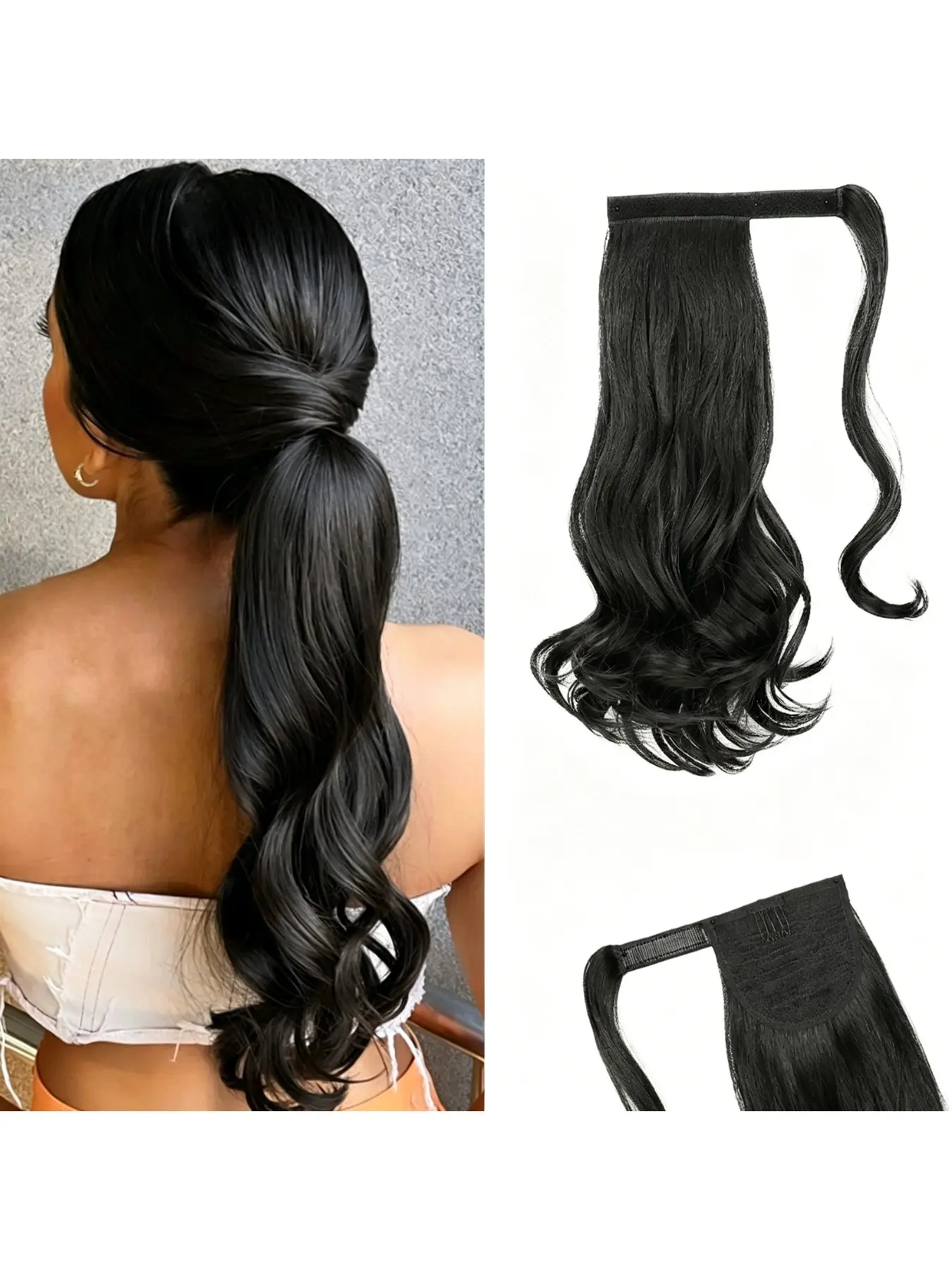 14-Inch Magic Tape Wrap Ponytail, Wrap Around Ponytail, Voluminous Natural Hair Extension, Wavy Hairpiece, Wave Curl Long Ponytail Wig for Women, Ponytail Hairpieces, Daily Wear, Synthetic Hair Extensions, Synthetic Fiber Extensions