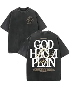 Women's Retro Washed 230 Pure Cotton Oversized Short-Sleeve Round Neck T-Shirt, Double-Sided 'GOD HAS A PLAN' Letter Print, Distressed Slightly Cropped Streetwear Apparel, Summer Women's Clothes summerwins