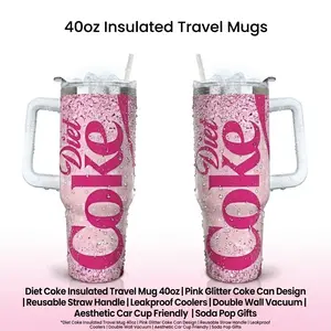 Diet Coke Insulated Tumbler 40oz With Handle Straw, Sugar-free Diet Soft Drinkware, Pink Glitter Coke Can Design, Reusable Stainless Steel Travel Mug, Fashionable Gift For People With Diabetes, Cute Aesthetic Holiday Day Girls Gifts