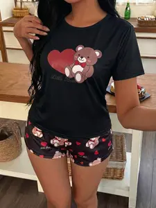 Women's Short Sleeve Shorts Pajama Set, Cartoon Heart Bear Print Sleepwear, Casual Loose Fit Nightwear, Comfortable Summer Loungewear