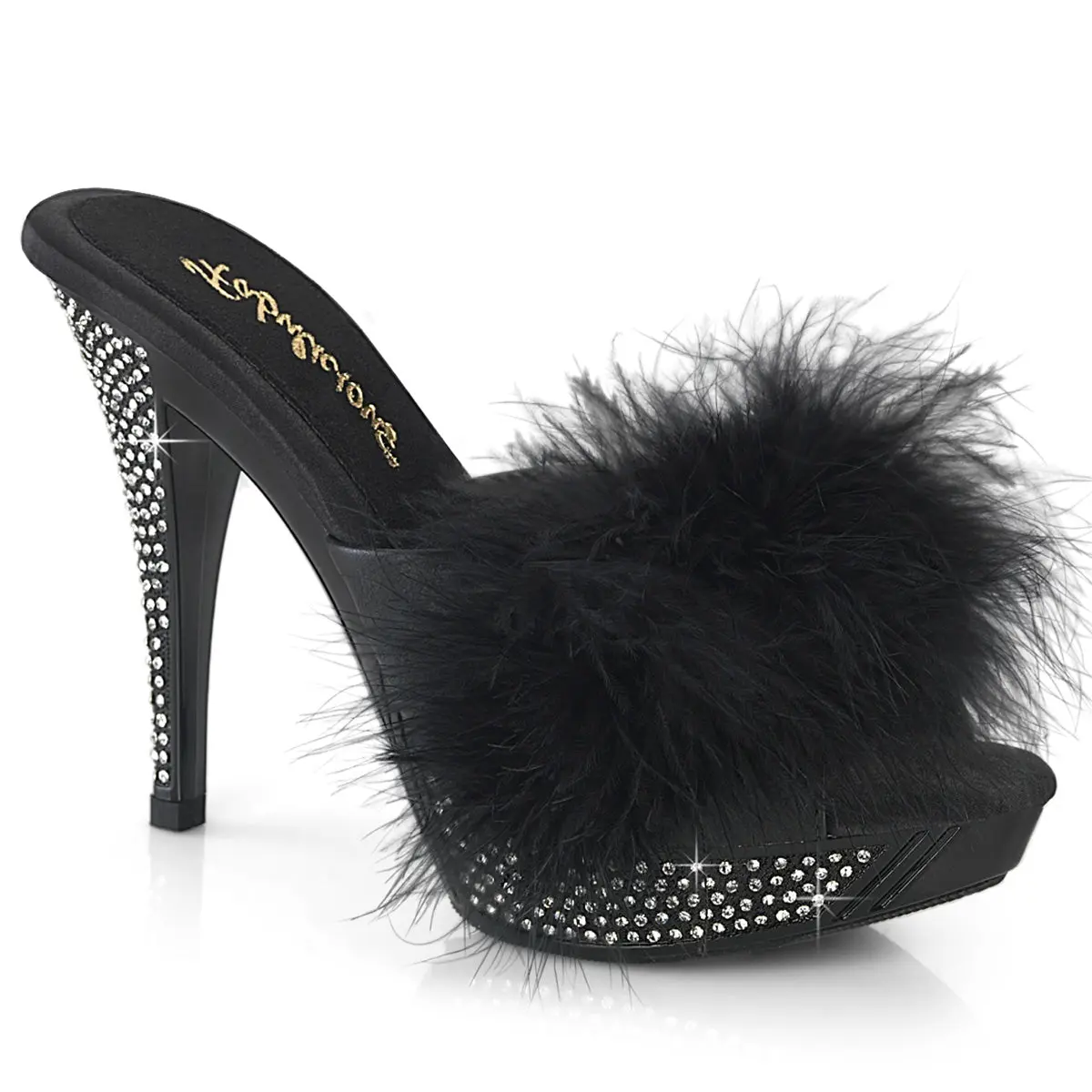 Women's Marabou Fur Stiletto Heels, Open Toe Slip-On Statement Shoes with Rhinestone Platform, 4.5" Heel for Parties