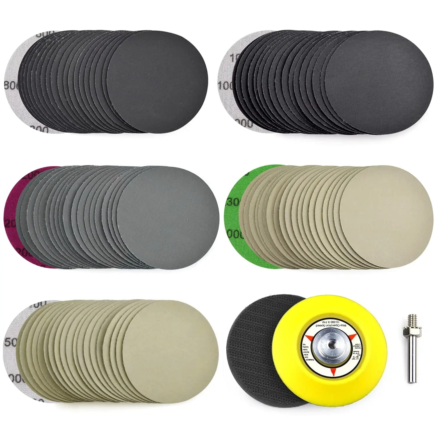 100Pcs 3 Inch (75mm) Assorted 800/1000/2000/3000/5000 Grit Premium Heavy Duty Silicon Carbide Wet/Dry Hook & Loop Sanding Discs with 1/4 inch Shank Sanding Pad + Foam Buffering Pad,Hand Tools Kits Tool Kit