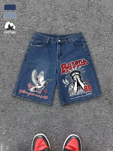 Men's Loose Denim Shorts, Vintage Liberty Statue & Peace Dove Print, High-Quality Cotton, Breathable Wide Leg, Street Style, Summer Wear