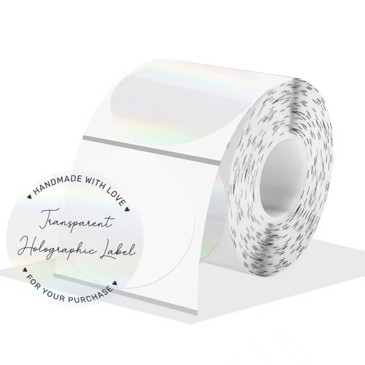 STARBOLING 2x2 Inch Round Transparent Holographic Rainbow Metallic Vinyl Labels - Direct Thermal, Self-Adhesive, Perforated, Waterproof, Easy to Remove, Compatible with Thermal Label Printers for Bouquets, Wedding Gifts (300 Sheets)
