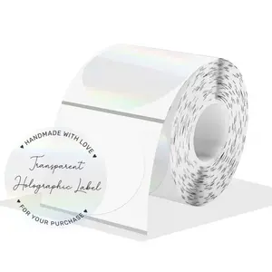 STARBOLING 2" Round Transparent Thermal Label Stickers, Holographic Clear Self-Adhesive Direct Thermal Labels, Perforation Line Design& Waterproof- 300 Sheets
