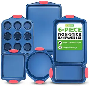 6-Piece Nonstick Bakeware Set - Blue Coating | Carbon Steel Baking Pan Set with Red Silicone Handles & Cookie Sheet - Oven-Safe & Freezer Safe - Stackable Design - Home Kitchen Baking Essentials for Everyday Use
