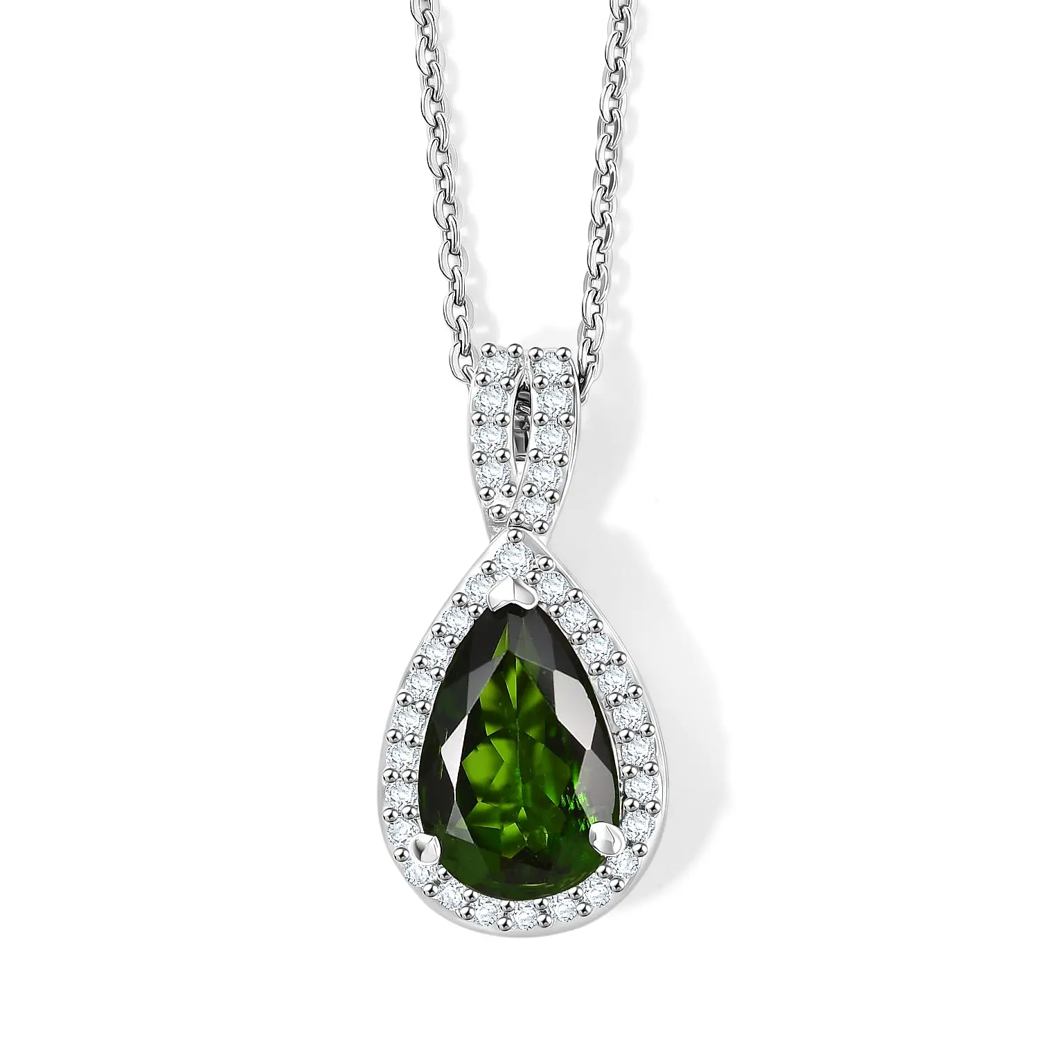 D'Joy Chrome Diopside, Moissanite Infinity Crown Pendant Necklace (20 Inches) in Rhodium Over Sterling Silver 1.40 ctw