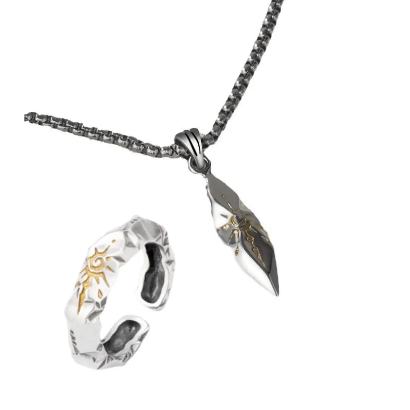 【JOYCE DESIGN】Retro wishing stone necklace ring set trendy men's personality neutral style meteorite color matching pendant men's hip-hop sweater chain accessories