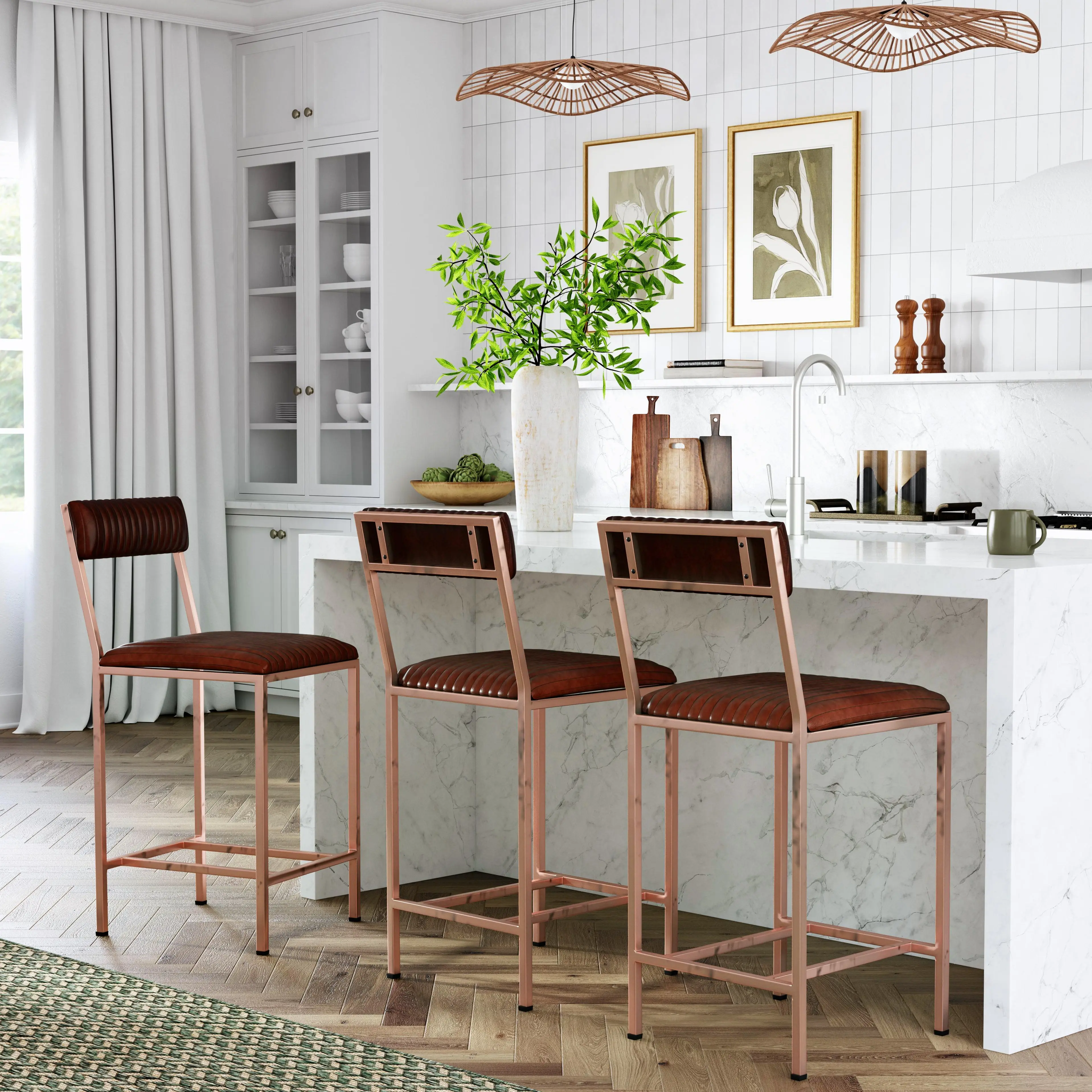 Butler Specialty Company Houston 24 in. Seat Height Leather and Metal Counter Stool, Medium Brown