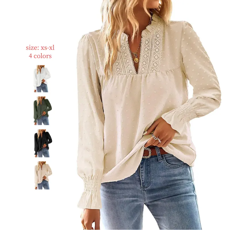 Mundoven Boho Tops for Women V Neck Blouses Flowy Swiss Dot Dressy Casual Lace Womens Long Sleeve Shirts Trendy 2026