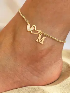 Women's Stainless Steel Chain Anklet, Fashion Jewelry, Vintage Zirconia Double Heart Letter Pendant Design, Casual All-Season Footwear Accessory