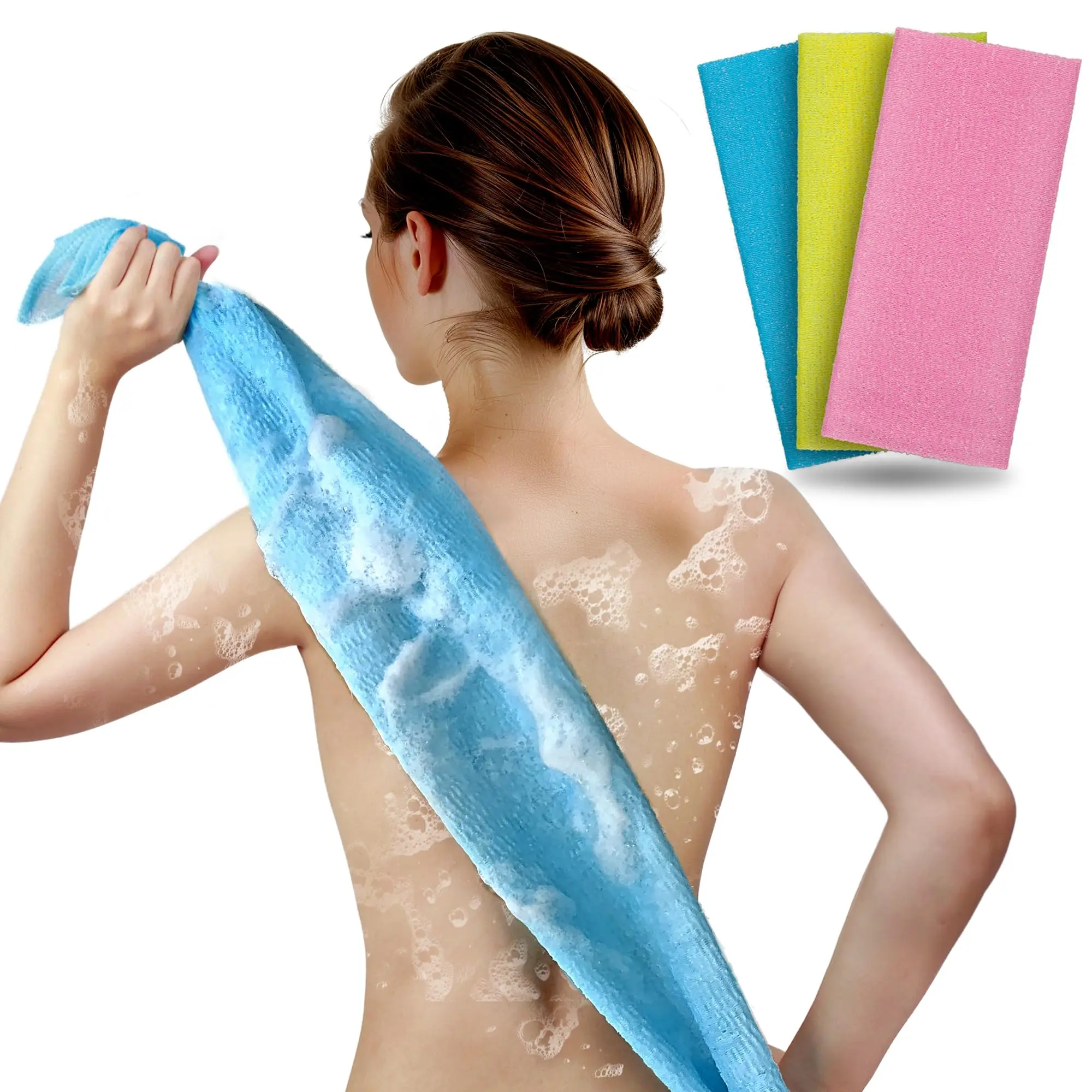Washcloth Body Scrubber - 35-Inch Japanese & Korean-Style Back Scrubber Towel for Daily Use in Shower, Textured Poly Nylon Body Washcloth for Smoother-Looking Skin, Quick-Dry 3 Pack