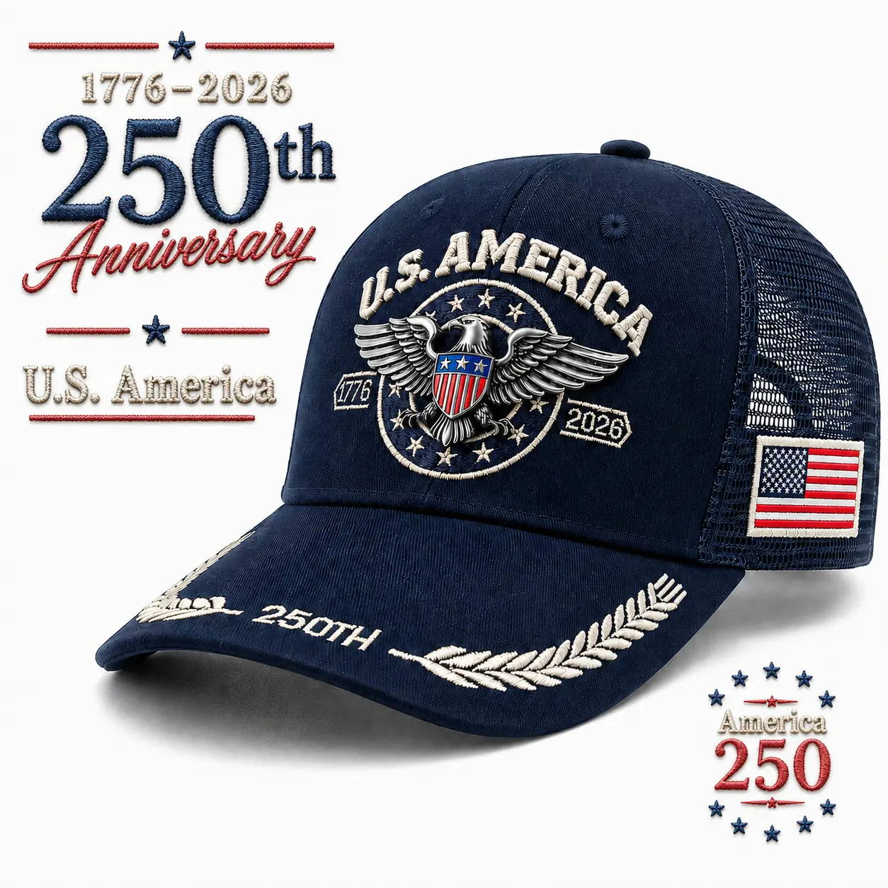 America 250th Navy Embroidered Baseball Cap 1776-2026 USA Patriotic Mesh Trucker Hat