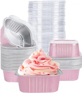 35 Pack Mini Cake Pans With Lids, 5oz Square Aluminum Foil Brownie Baking Cups, Muffin Tin Ramekins, Disposable Dessert Cupcake Cups for Wedding Birthday Party, Pink