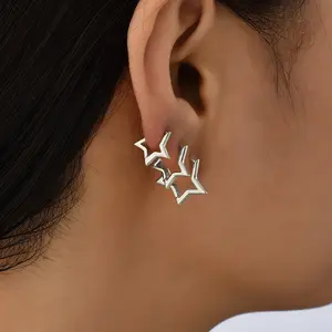 3 Pairs Hoop Star Earrings Set, Women's Hypoallergenic Elegant Jewelry, Metal Coated Female Fashion Accessories