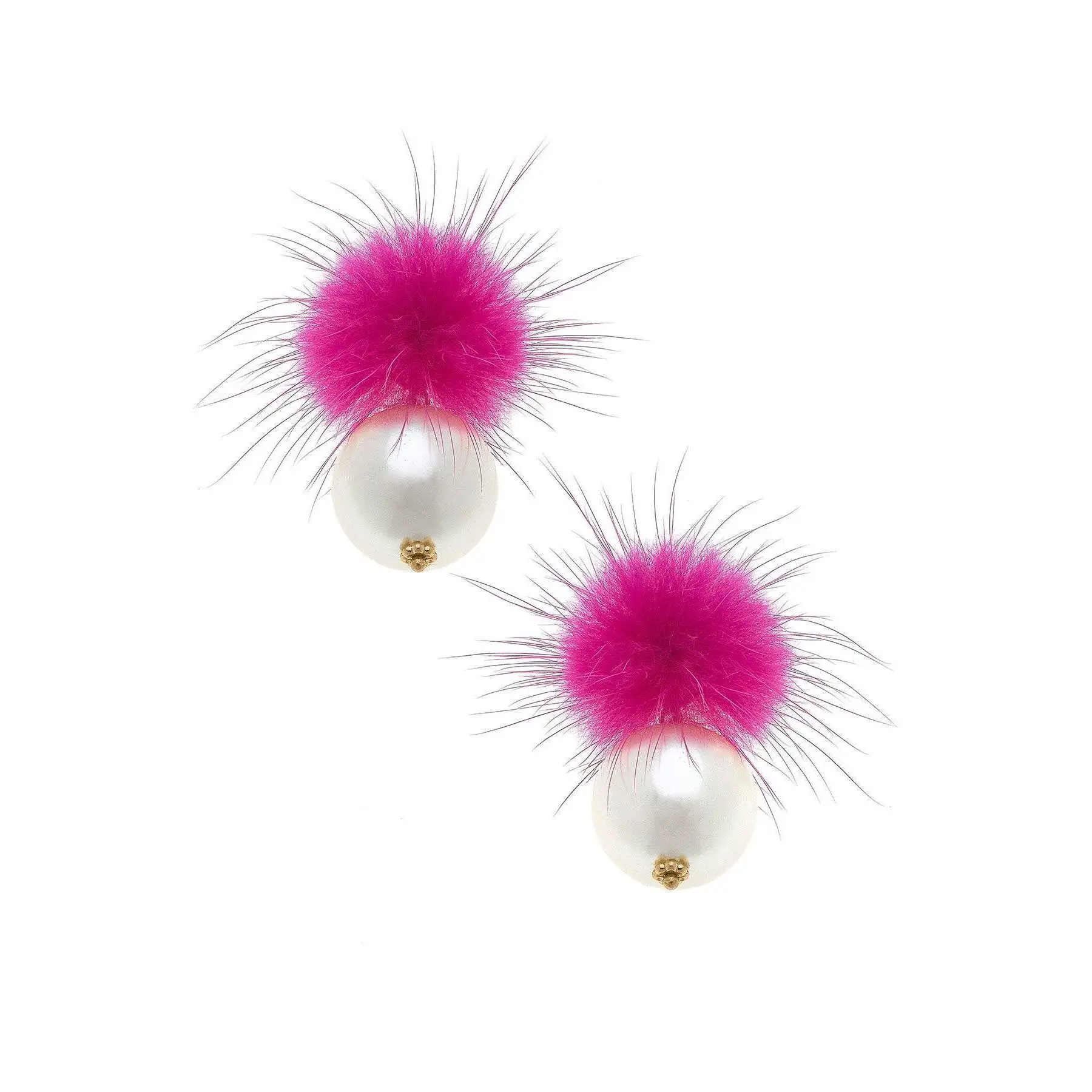 Aster Faux Mink Pompon & Pearl Earrings in Fuchsia