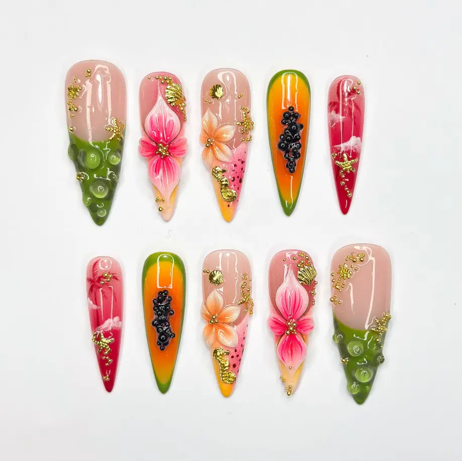 Tropical Island Stiletto Press On Nails, 3D Pink Hibiscus Flowers, Dragon Fruit Accent nails, Jelly Green Water Drops, Orange Sunset Ombre, Exotic summer designs