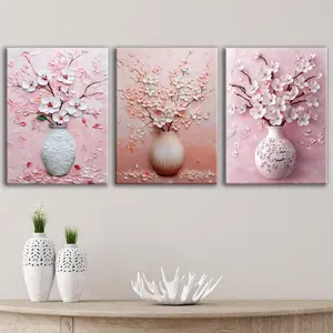 Wooden Framed Canvas Painting, 3 Counts/set Flower Pattern Wall Art, Wall Decor for Home Living Room Bedroom Office, Ornaments