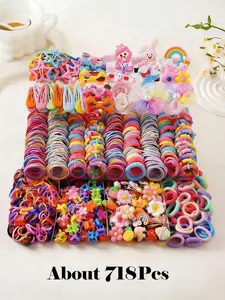 718/719pcs Girls' Pink Bowknot, Cute Cartoon Bowknot, Rose Bow, Cute Princess Hair Clips, High Elastic Non-Damaging Hair Ties, Hair Bands, Rabbit Ear Hair Rings, Suitable For Daily Use, Hair Accessories Sets