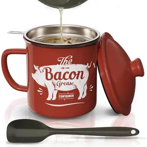 Bacon  Container With Strainer, 46OZ Large Enamel  Container, With  Spatula, Farmhouse Bacon  Keeper, Cooking Oil Container For Kitchen  Storage, Dishwasher Safe-Red