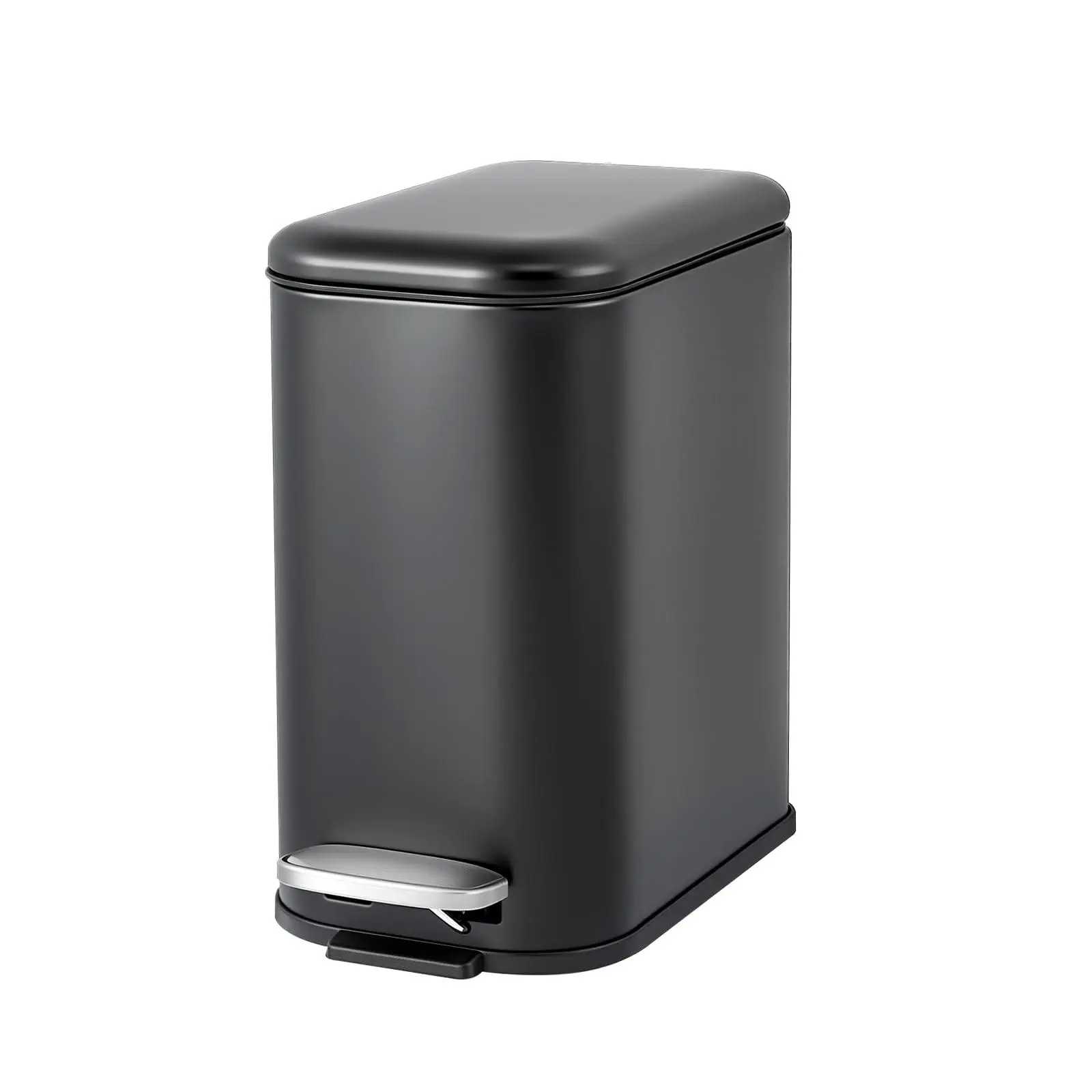 Bathroom Trash Can with Lid, 1.3 Gallon / 5 Liter Stainless Steel Garbage Can with Removable Liner Bucket, Small Step Wastebasket with Slim Design for Toilet Bedroom Office, Black