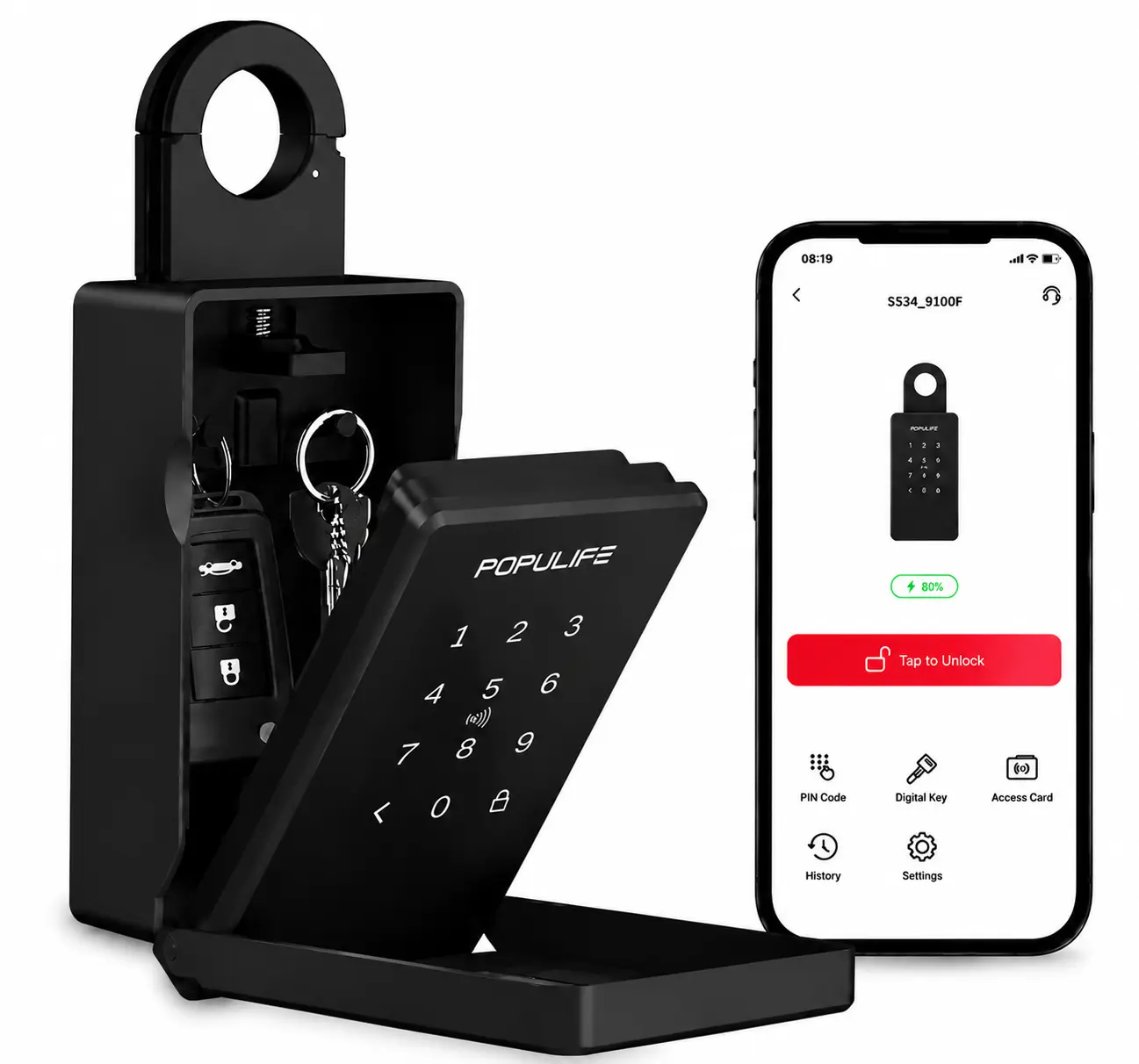 Populife PIN Only Smart Key Lock Box, Bluetooth App Access, Outdoor Key Safe for Airbnb, Realtor, Home & Office