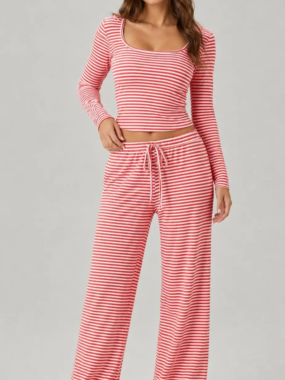 Women's Striped Scoop Neck Wide-Leg Lounge Set – Women’s Soft Ribbed Two Piece Pajama & Casual Matching Outfit