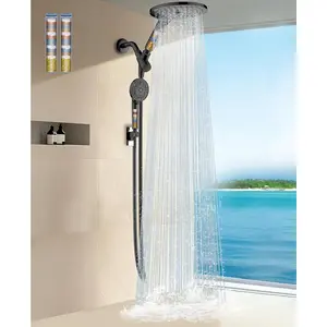Dual Filtered Shower Heads Combo, High  Rain Shower  with Handheld Spray Built-in Power Wash, Dual Shower  with Filter for Hard Water, Remove Chlorine for Healthier Hair-Black