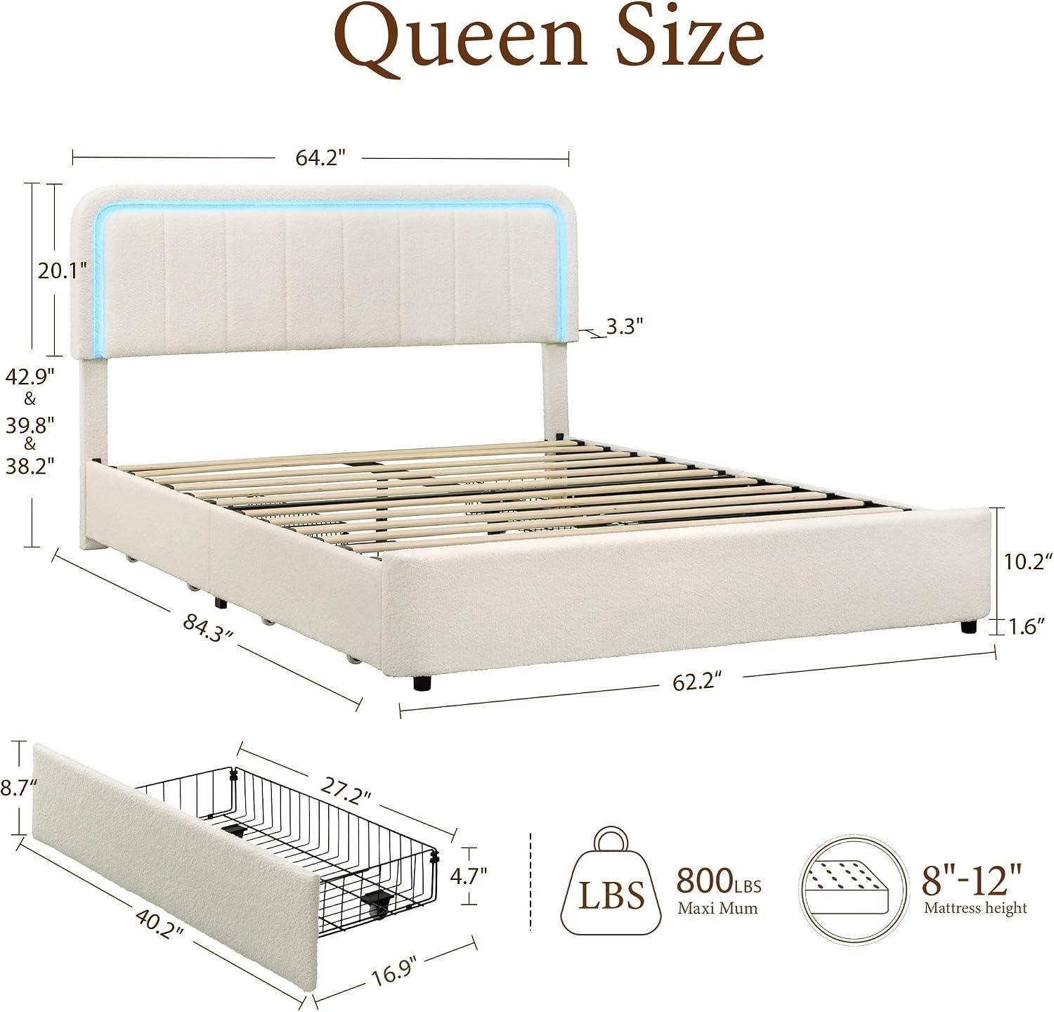 Cloud Bed Frame with LED Light, Boucle Upholstered Bed | Beige, 4 Storage Drawers, Soft Curved Corners, No Box Spring Needed, Easy Assembly, Adjustable Headboard