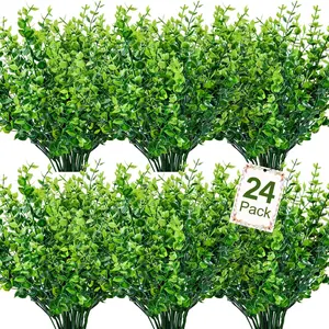 24 Bundles Artificial Greenery Stems Fake Plants Outdoor UV Resistant Faux Plastic Boxwood for Kitchen Office Garden Porch Farmhouse Window Box Home Decor