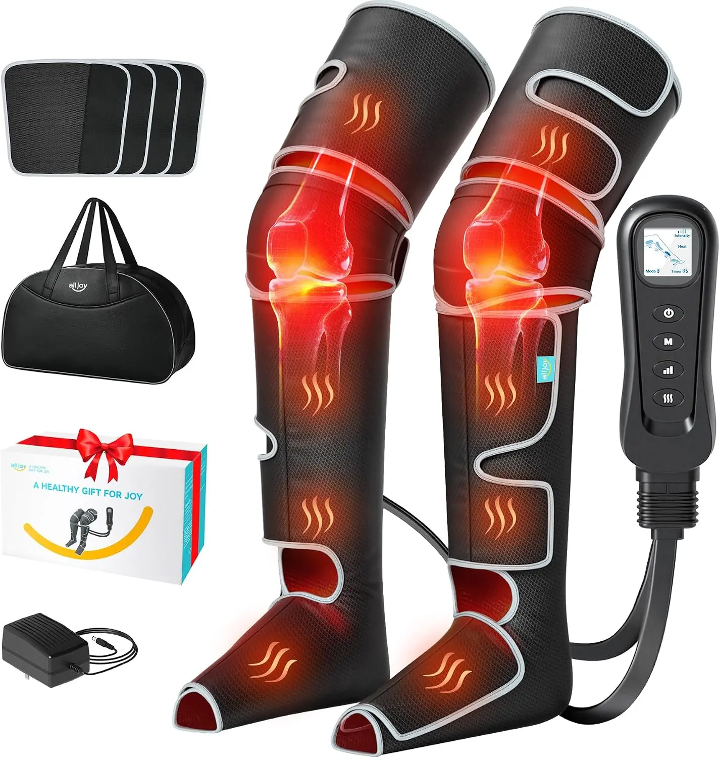 Alljoy Adjustable Leg Massager - Personal Care Appliance with Air Compression, 5 Modes, 2 Heat Levels, 4 Intensities, Black, Daily Use - Assists with Recovery, Blood Circulation Support, Burnout Recovery, Circulation Boost (Fits Foot, Calf, Thigh)