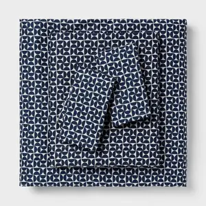 Full Cotton Blend Sateen Sheet Set Navy Geo - Room Essentials