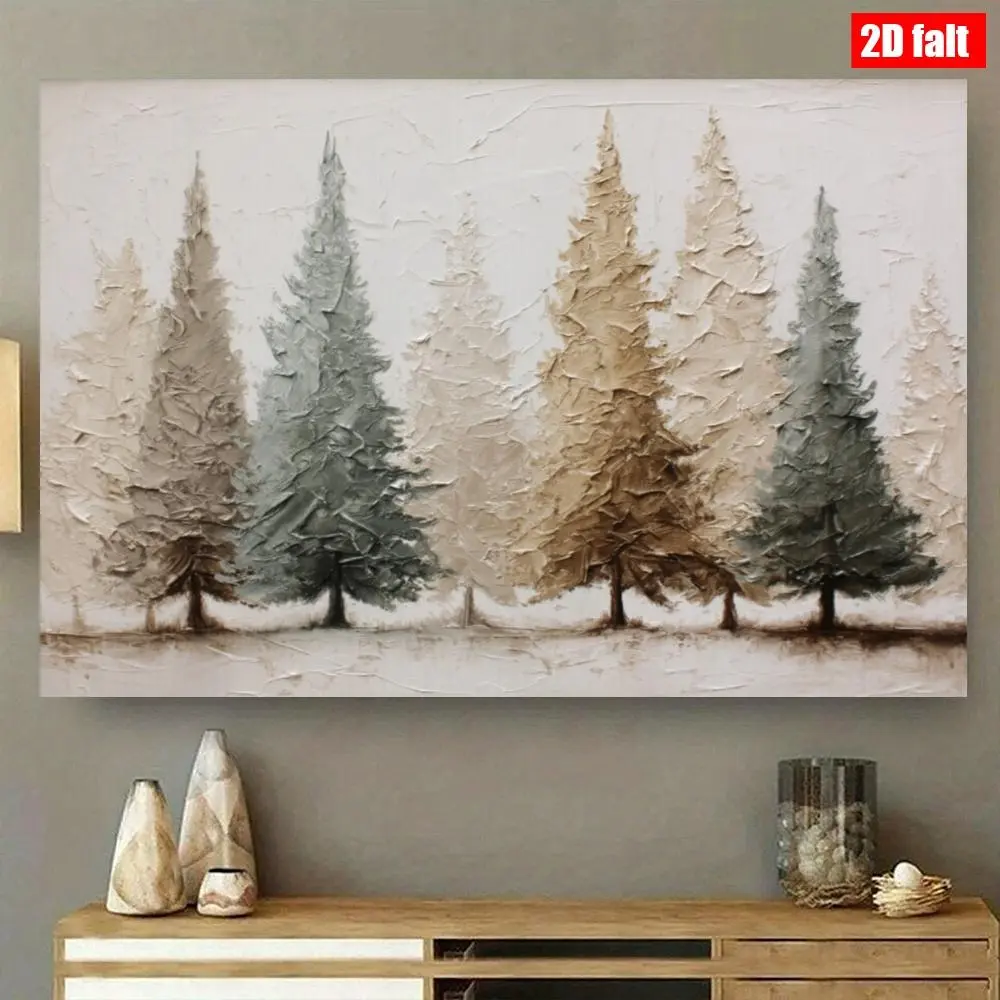 [2D Flat] 1pc Frame-Style Solid Wood Framed Canvas Wall Art - Modern Farmhouse Christmas Tree Pattern Print, Neutral Beige & Brown Tones, Minimalist Winter Landscape, Hangable Indoor Decor for Living Room, Bedroom - Ready-to-Hang Holiday Decoration, Graph