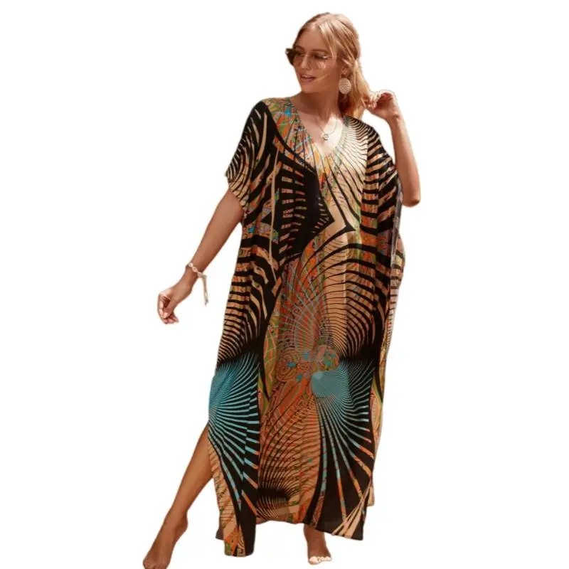 Plus Size Mumu Dresses for Women - Boho Batwing Sleeve Caftan with Side Slits, Long Moo Moo Nightgown & Beach Cover Up - Black lines