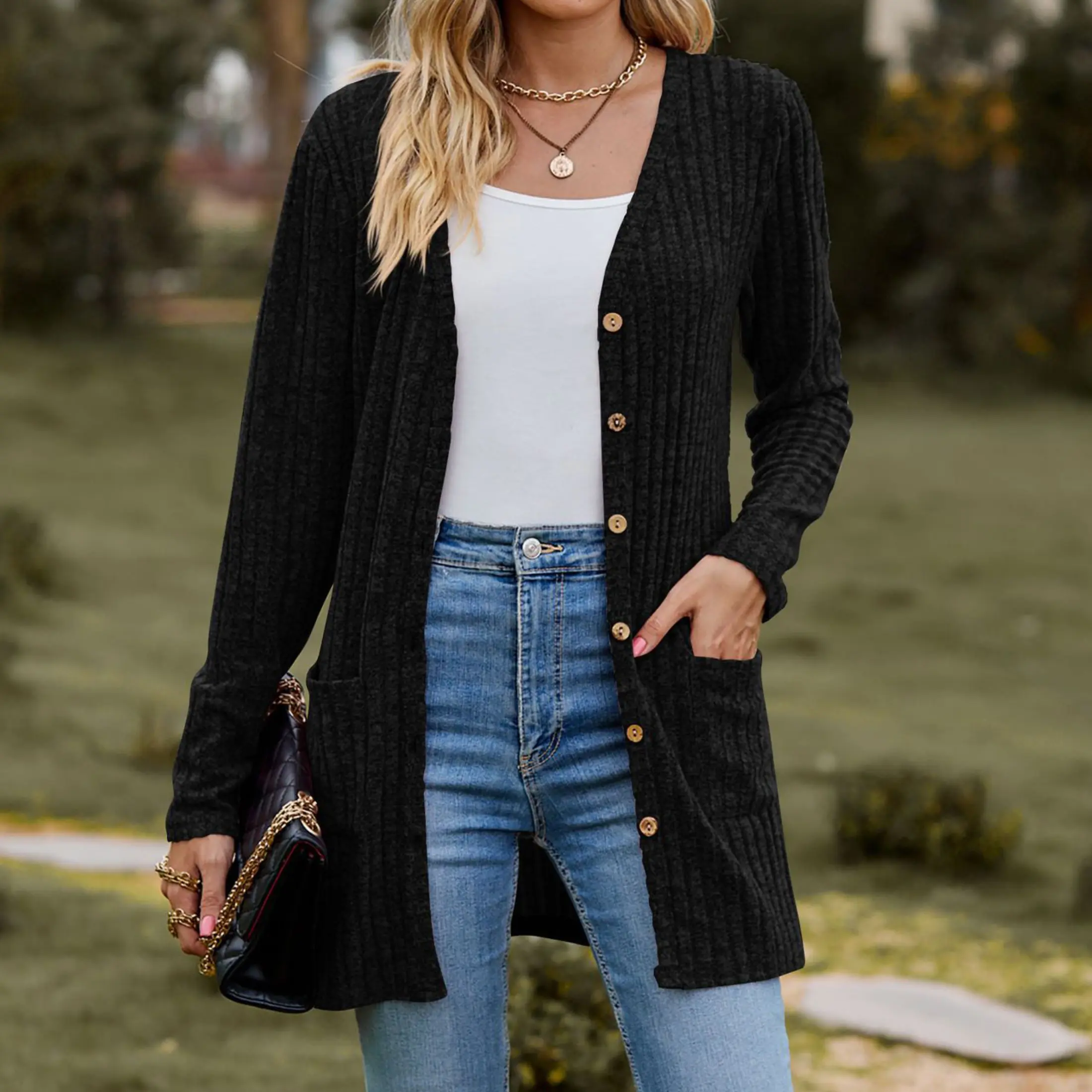 Womens Long Sleeve Cardigan Open Front Button Closure Fall Cardigans for Women with Pockets Casual Coat Fit Sweater Womenswear Breathable