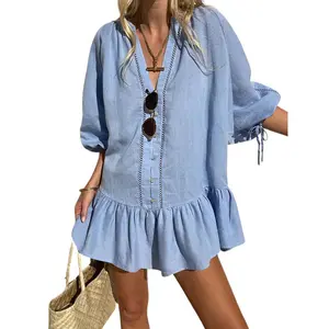 CHARTOU Women summervibes  Lace Ruffle Mini Dress 3/4 Bow Sleeve Beach Loose Peplum Babydoll Dress