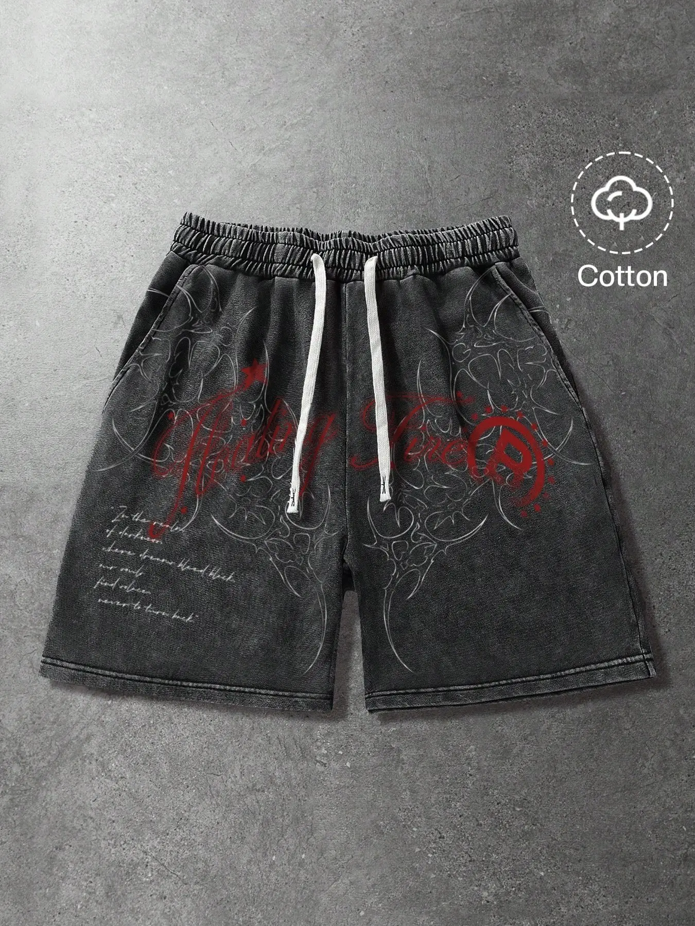 Y2K Gothic Thorn Totem Shorts, Washed Cotton Loose Street Style Unisex Casual Shorts, Drawstring Waist, Graphic Pattern, Short Length, Graphic Print Shorts, Loose Fit Shorts, Drawstring Waistband Shorts, Casual Streetwear Shorts