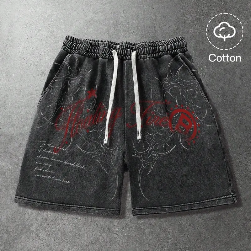 Y2K Gothic Thorn Totem Shorts, Washed Cotton Loose Street Style Unisex Casual Shorts, Drawstring Waist, Graphic Pattern, Short Length, Graphic Print Shorts, Loose Fit Shorts, Drawstring Waistband Shorts, Casual Streetwear Shorts