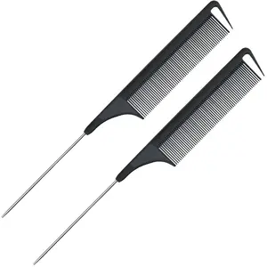 Vlasy Professional Tail Comb 2pcs Pack Black Pink Carbon Fiber Stainless Steel Anti Static Heat Resistant Lightweight for All Hair Types Daily Care Dual Comb Set