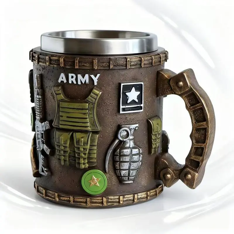Novelty Coffee Mug - Retro Army Design Washable Reusable Drinkware Tumbler with Handle, Handcrafted by Artisans, Men's Military Enthusiast Gift, Military Birthday Party Decoration