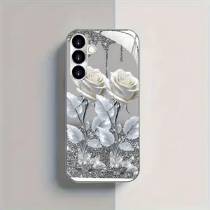 Premium Gilt White Rose Flower Silver-Plated Smartphone Case - High-End Trendy Protective Casing for Samsung Galaxy S20-S25 Plus, A05-A06, A14-A16, A24-A26, A34-A36, A54-A56 - Cute Simple Couples Phone Accessories with Cellphone Protection