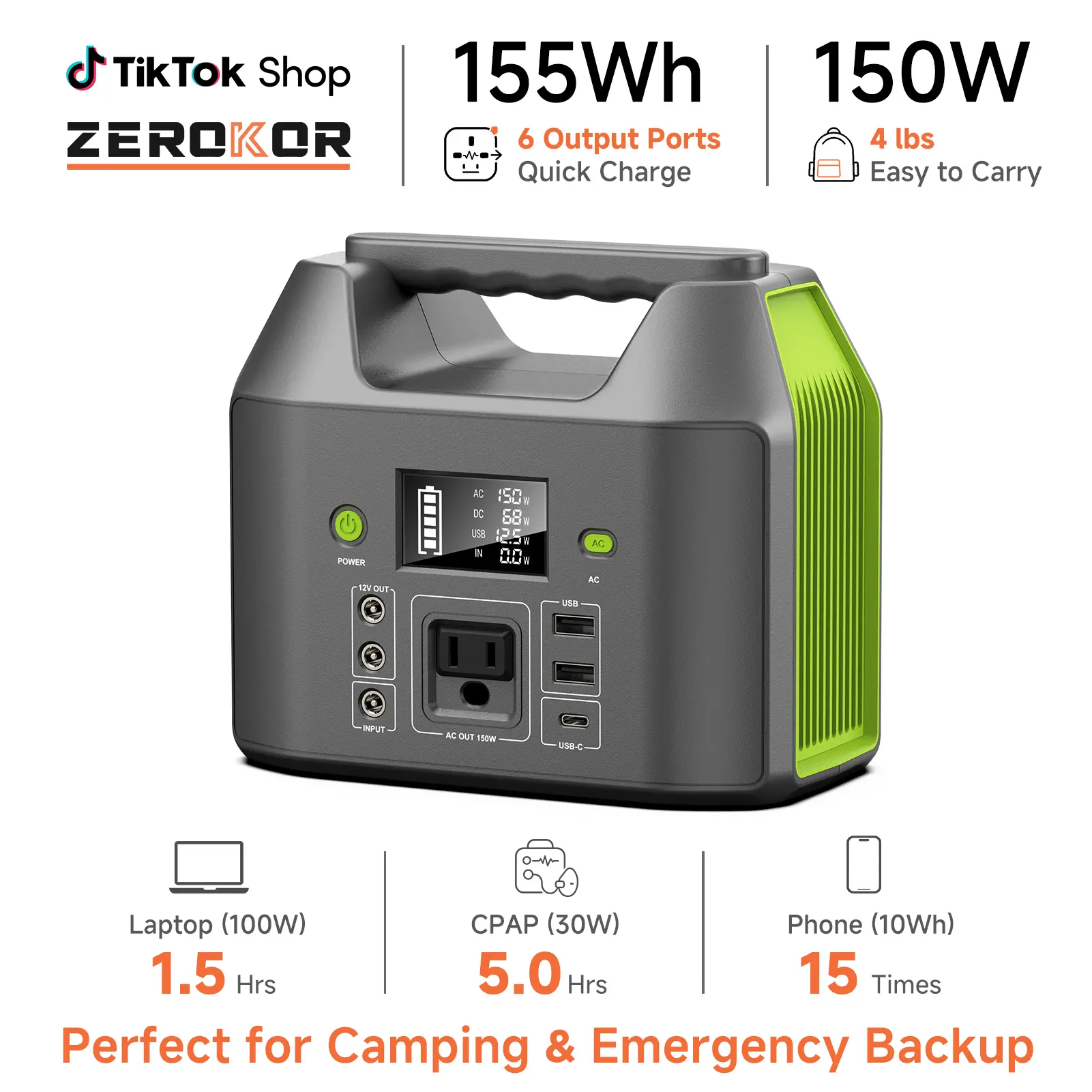 [ZeroKor] 155Wh Power Bank 150W Portable Power Station 110v Battery Pack 6 Outputs with AC Outlet LED Light for Outdoor Camping Road Trip Emergency, Solar Powered Charger, Lithium Battery Powered