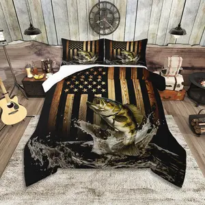 Vintage American Flag Comforter Set,Bass Fish Bedding Set,Kids Teens Men Adult Room Decor,Fishing and Hunting Quilt Set,Black Brown Rustic Farmhouse