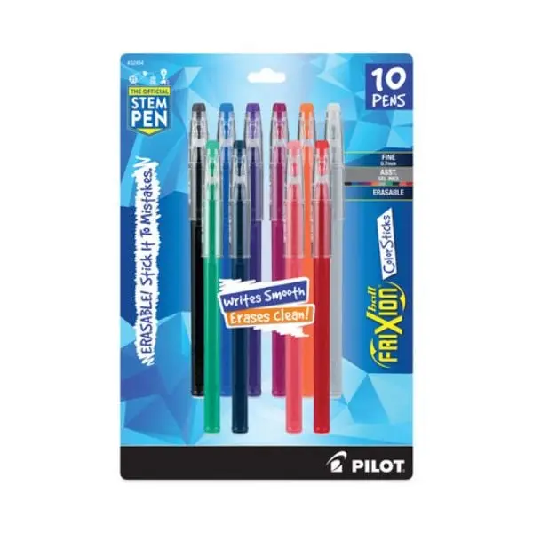 Pilot PIL32454 FriXion ColorSticks Ribbed Grip Erasable Gel Pens - Slim Stick, Fine Point 0.7 mm, Assorted Ink & Barrel Colors, Modern Design, Pocket Clip, Easy Erasing/Editing, 0.75" H x 5.75" W x 8.38" D, Pack of 10, Office Stationery, 0.7Mm Pens, Assor