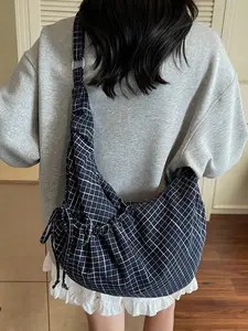 Retro fashion simple casual style practical texture plaid crossbody bag, drawstring pleated embellishment, adjustable shoulder strap, large storage capacity, casual and gentle style, suitable for daily travel and dating, Vintage crossbody bag