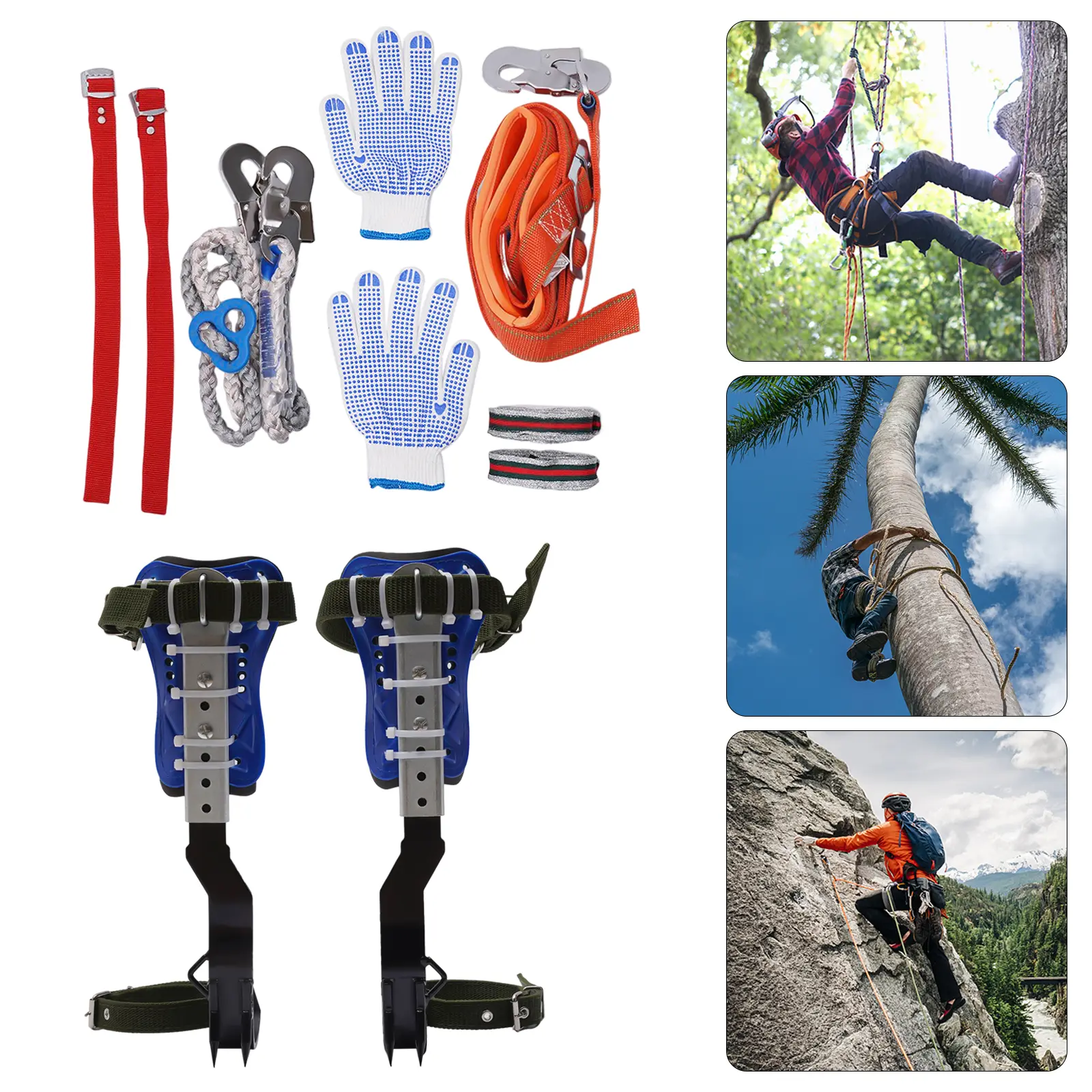Adjustable Tree Climbing Gear Kit with Climbing Rope, Multi-Functional Straps, Heavy Duty Carabiner, Harness - Protective Survival Supplies for Jungle Survival, Fruit Picking, Protective Gear, Hunters, Ankle Straps, Carbon Steel, Cotton, Steel Components,