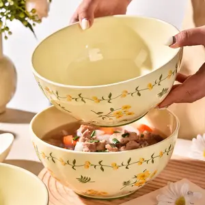 Two 8-inch ceramic noodle bowls, salad bowl, soup bowl, small yellow flower pattern, yellow, very suitable for spring, can hold broth, noodles, microwave safe, machine washable, Salad Serving Bowls