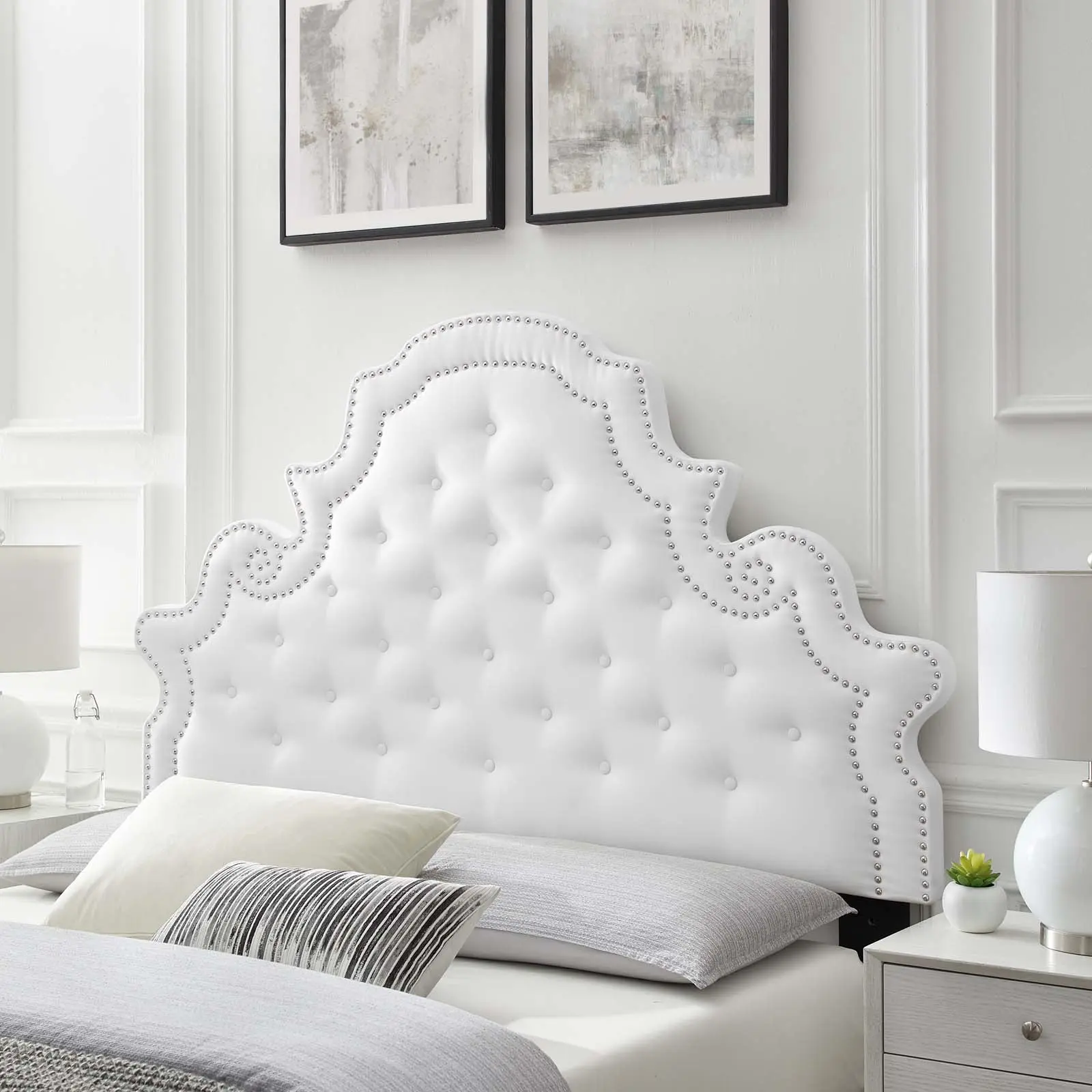 Modway Diana Padded Tufted Performance Velvet Adjustable Full/Queen Headboard - Mountable, Easy Assembly, Ideal for Bedroom, White, Upholstered